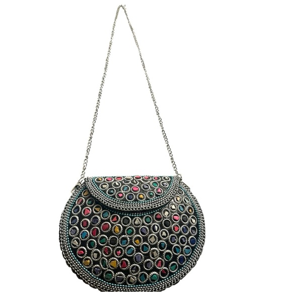 Ramla Handmade Mosaic Tile Convertible Clutch/Crossbody Bag Silver Rainbow NWOT - Picture 4 of 12